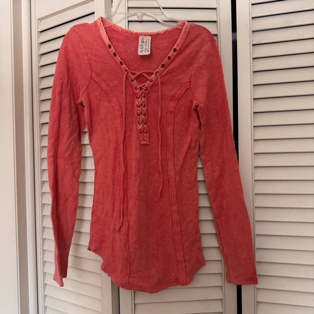 Vintage Free People Lace-Up Coral Top SZ XS